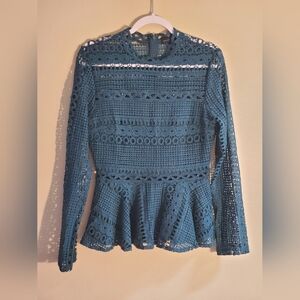 Endless Rose Teal Crochet Long Sleeve Top Ruffle Bottom Accent Size Small